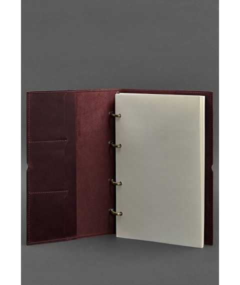 Leather notebook A4 on rings (soft book) 9.0 in soft cover burgundy Crazy Horse