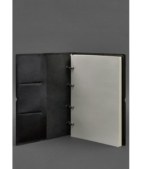 Leather notebook A4 on rings (soft book) 9.0 in soft cover black gloss