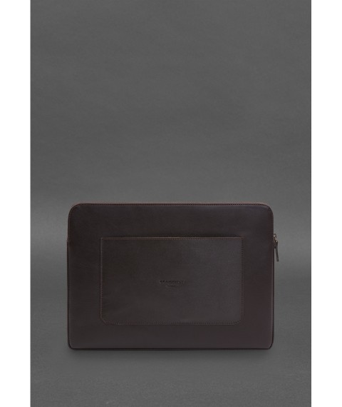 Leather laptop case with zipper and tab and pocket, Dark brown