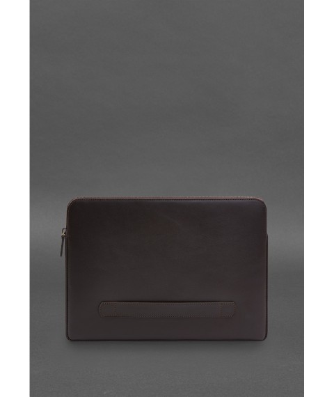 Leather laptop case with zipper and tab and pocket, Dark brown