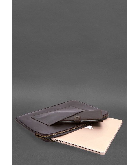 Шкіряний чохол для ноутбука на блискавці з хлястиком та кишенею Темно-коричневий