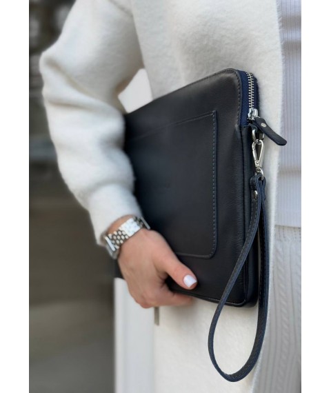 Leather laptop sleeve with zipper and pocket and hand loop Blue