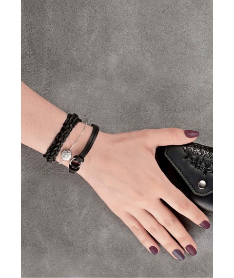 Women's leather bracelet thin braid black