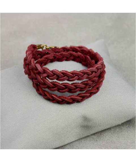Women's leather bracelet thin braid burgundy