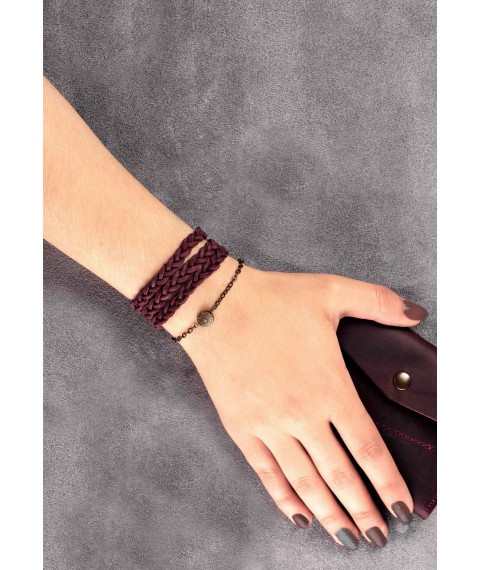 Women's leather bracelet thin braid burgundy