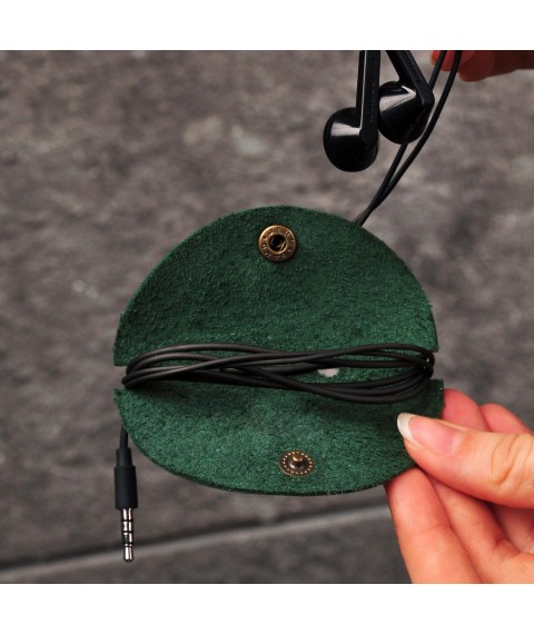 Leather holder for headphones and cables green