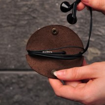 Шкіряний холдер для навушників та проводів темно-коричневий