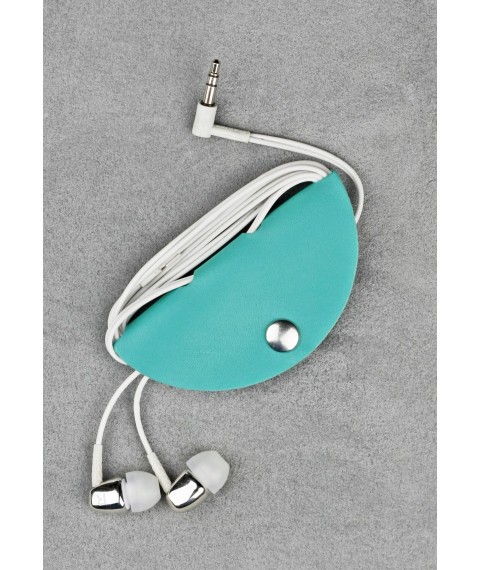 Leather holder for headphones and cables, turquoise