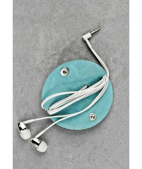 Leather holder for headphones and cables, turquoise