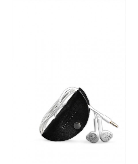 Leather holder for headphones and cables, jet black