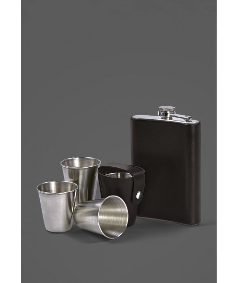 Set with flask and glasses in a dark brown leather case