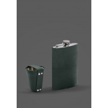 Set with flask and glasses in a leather case green Crazy Horse