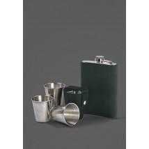 Set with flask and glasses in a leather case green Crazy Horse