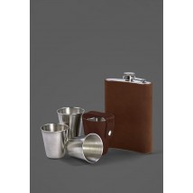Set with flask and glasses in a leather case light brown Crazy Horse