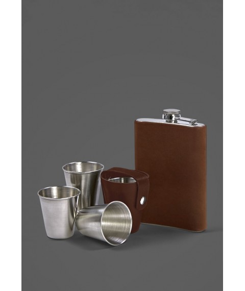 Set with flask and glasses in a leather case light brown Crazy Horse