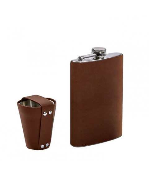 Set with flask and glasses in a leather case light brown Crazy Horse