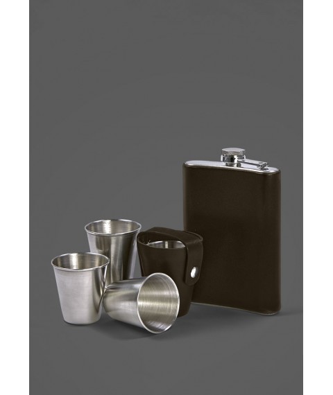 Set with flask and glasses in a leather case dark brown Crazy Horse