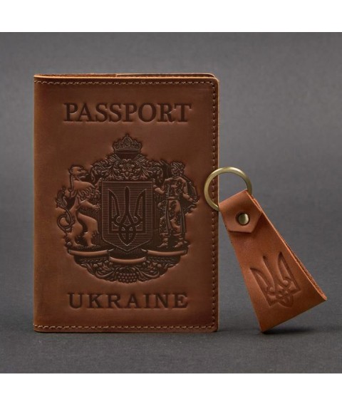 Подарунковий набір шкіряних аксесуарів з українською символікою світло-коричневий
