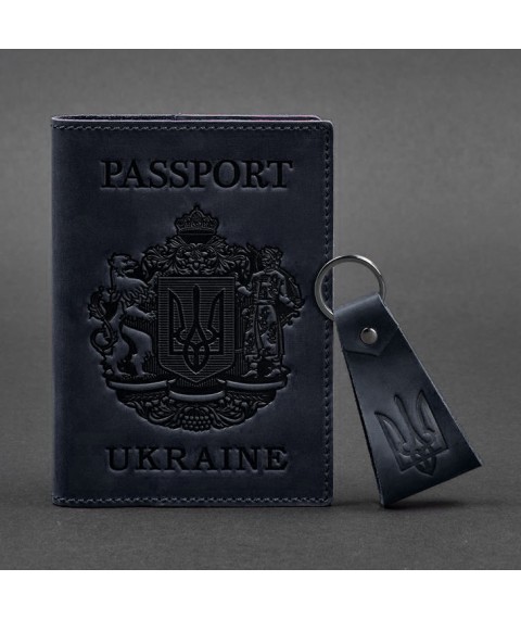 Подарунковий набір шкіряних аксесуарів з українською символікою темно-синій