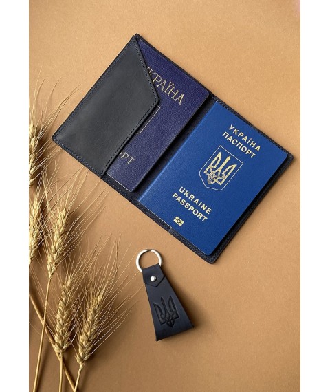 Gift set of leather accessories with Ukrainian symbols, dark blue