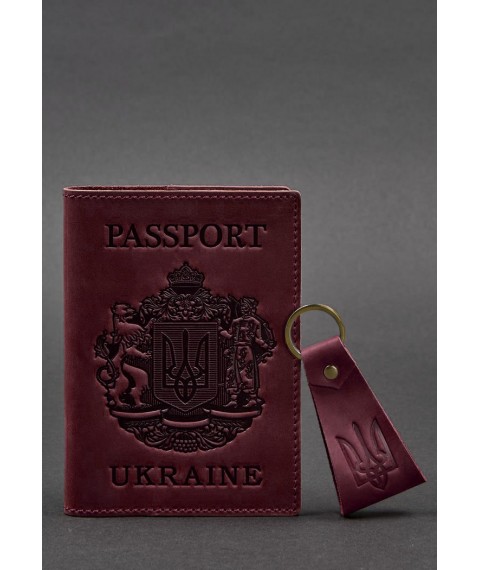 Подарочный набор кожаных аксессуаров с украинской символикой бордовый