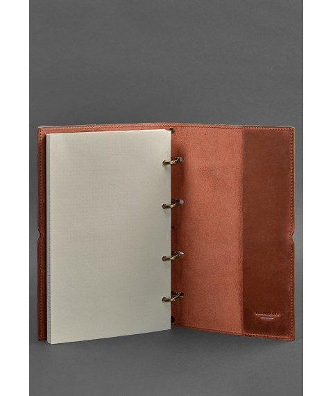 Leather notebook A4 on rings (soft book) 9.0 in soft light brown cover