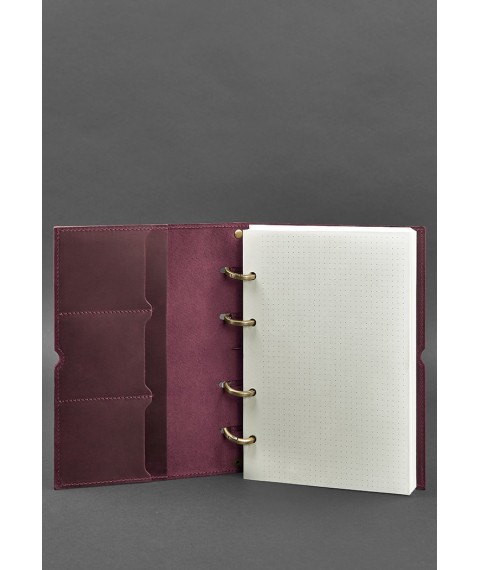 Leather notebook A5 on rings (soft book) 9.0 in soft burgundy cover