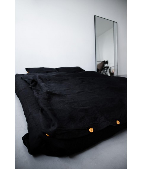 Комплект однотонної постільної білизни з льону у чорному кольорі "Вугілля" Євро