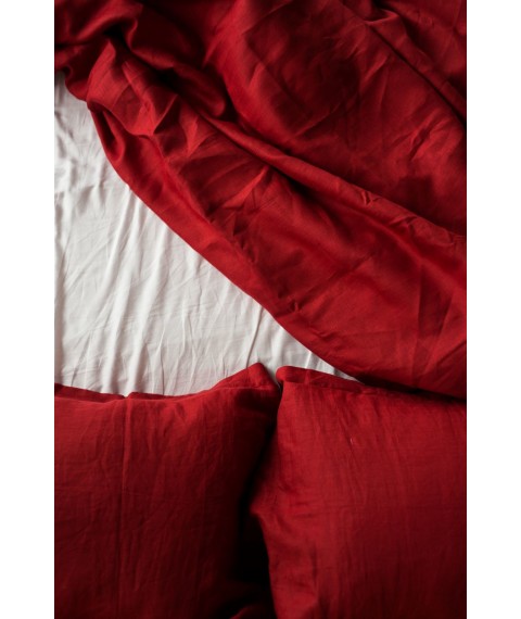 Комплект однотонної постільної білизни з льону у червоному кольорі "Поле маків" Євро