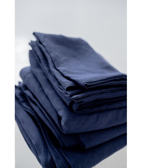 Комплект однотонної постільної білизни з льону у синьому кольорі "Індиго"