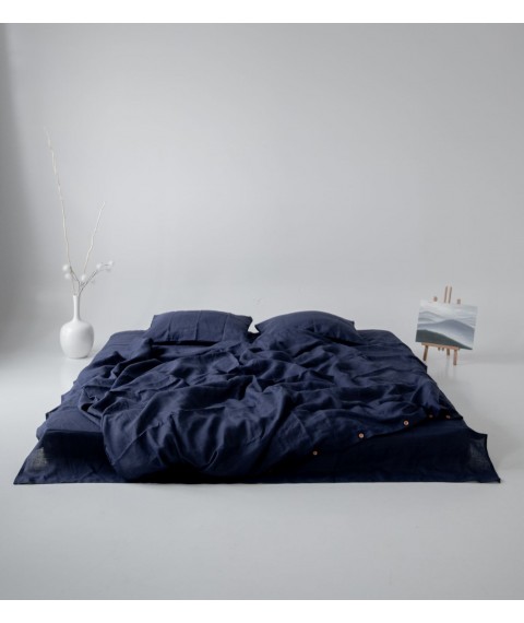 Комплект однотонної постільної білизни з льону у синьому кольорі "Індиго" Двоспальний