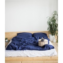 Комплект однотонної постільної білизни з льону у синьому кольорі "Індиго" Півтораспальний