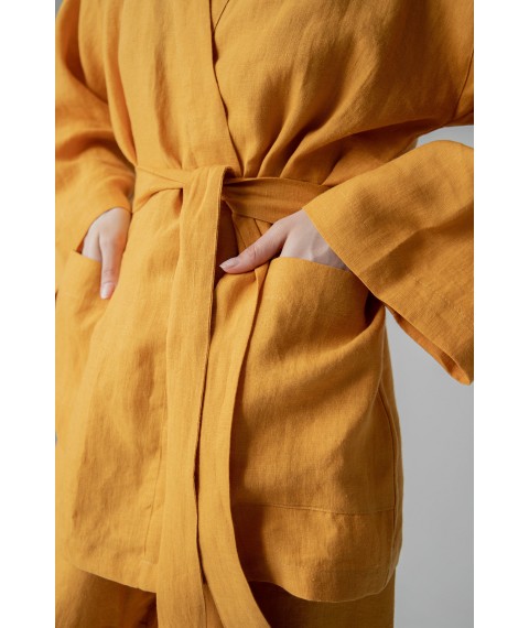 Костюм-кімоно зі штанами вільного фасону з льону жіночій "Шафран"