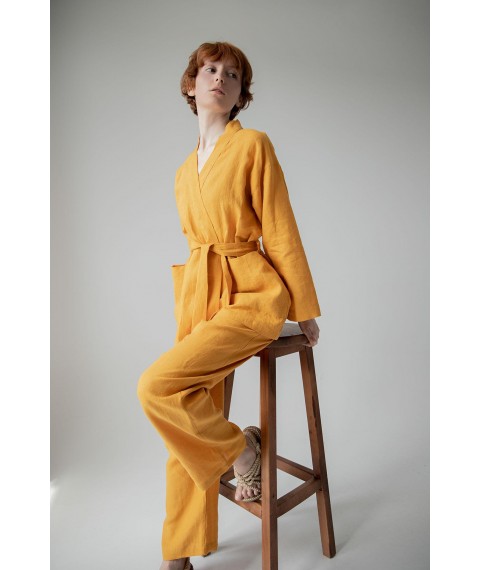 Костюм-кімоно зі штанами вільного фасону з льону жіночій "Шафран" M