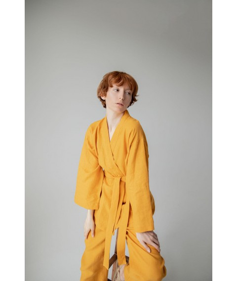 Костюм-кімоно зі штанами вільного фасону з льону жіночій "Шафран"