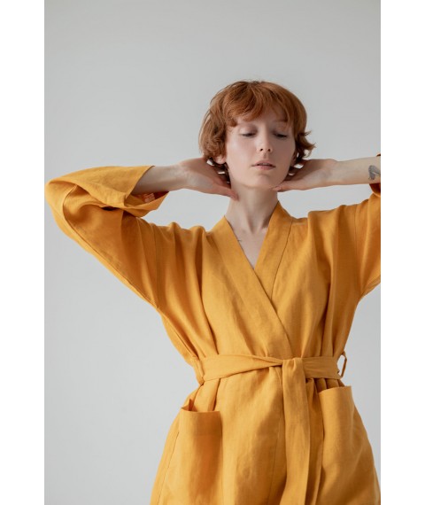 Костюм-кімоно зі штанами вільного фасону з льону жіночій "Шафран" M