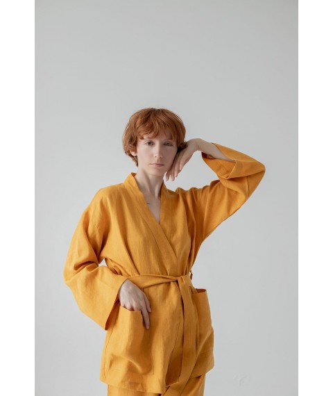 Костюм-кімоно зі штанами вільного фасону з льону жіночій "Шафран" S