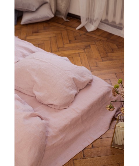 Комплект однотонної постільної білизни з льону у блідо-рожевому кольорі "Пильна троянда" Сімейний
