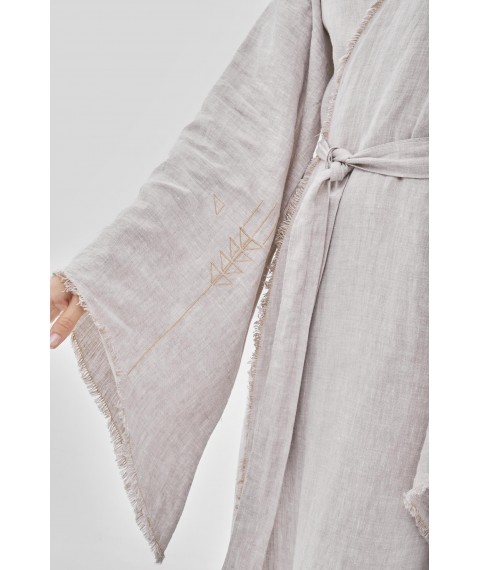 Сукня-кімоно з льону з широкими рукавами та декоративними необробленими краями і вишивкою XXL. Колекція "Колоски"