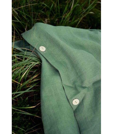 Комплект однотонної постільної білизни з льону у теплому зеленому кольорі "Олива". Колекція "Карпати"