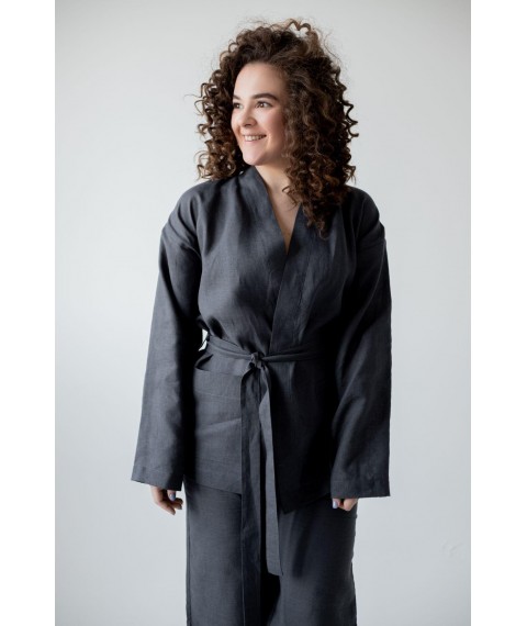 Костюм-кімоно зі штанами вільного фасону з льону жіночій "Графіт" XL