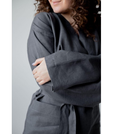 Костюм-кімоно зі штанами вільного фасону з льону жіночій "Графіт" L