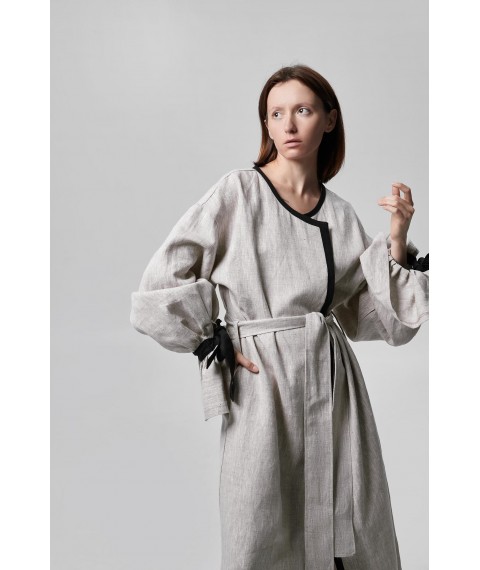 Лляне демісезонне пальто з контрастним оздобленням та об'ємними рукавами з бантами XXL