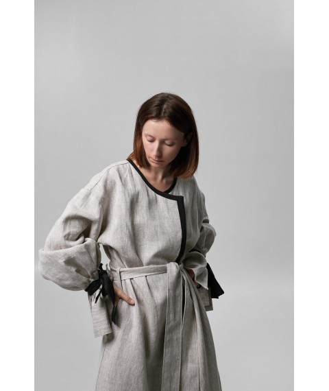 Лляне демісезонне пальто з контрастним оздобленням та об'ємними рукавами з бантами XL