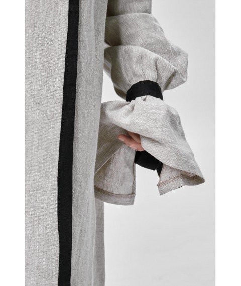 Лляне демісезонне пальто з контрастним оздобленням та об'ємними рукавами з бантами XXL