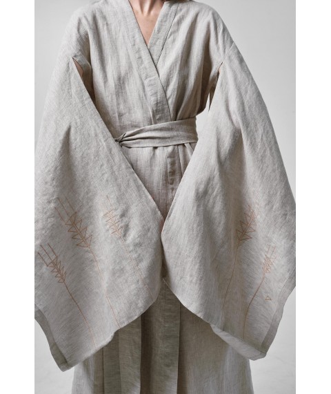 Сукня-кімоно з льону в японському стилі з вишивкою XL. Колекція "Колоски"