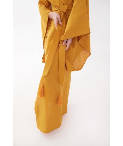 Сукня-кімоно з льону в японському стилі з вишивкою. Колекція "Птахи України". Колір "Шафран"
