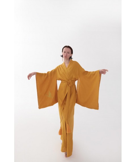 Сукня-кімоно з льону в японському стилі з вишивкою. Колекція "Птахи України" S. Колір "Шафран"