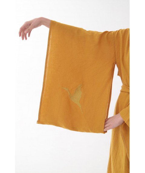 Сукня-кімоно з льону в японському стилі з вишивкою. Колекція "Птахи України" S. Колір "Шафран"