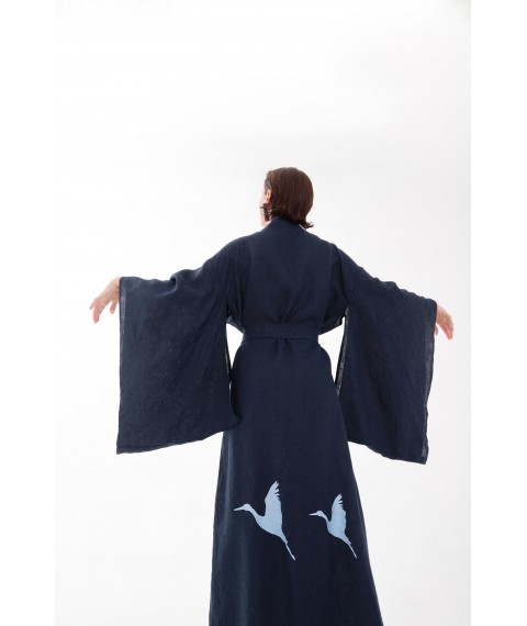 Сукня-кімоно з льону в японському стилі з вишивкою. Колекція "Птахи України" L. Колір "Чумацький шлях"